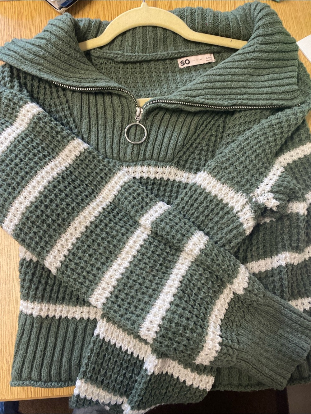 SO Green and White Striped Half-Zip Cowl Sweater